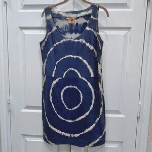 Tory Burch Womans 8 Dress Blue Ivory Tie Dye Leather Sleeveless Shift Boho Chic